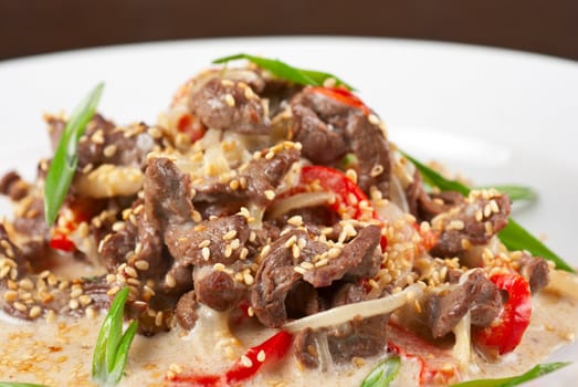 tasty dish of sliced beef roasted with vegetables