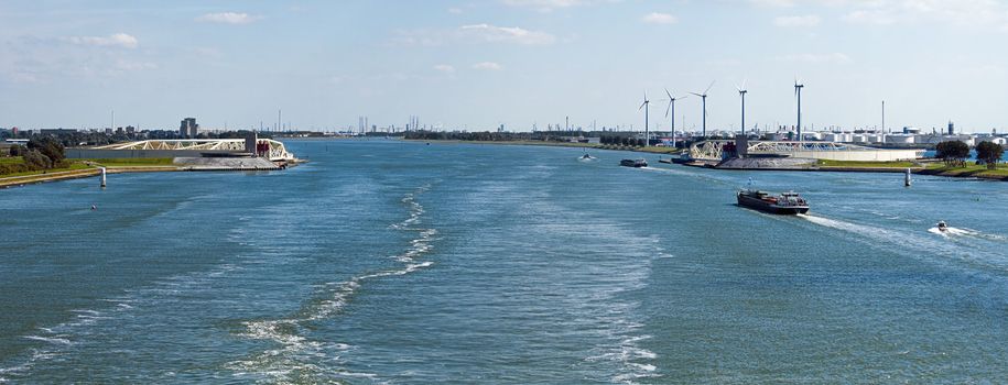 Panorama of the famous storm surge barrier "Maaslantkering" in the river Maas near Rotterdam, the Netherlands
