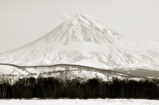 Volcano in a winter season on Kamchatka in Russia