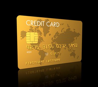 Gold credit card, 3D render isolated on black