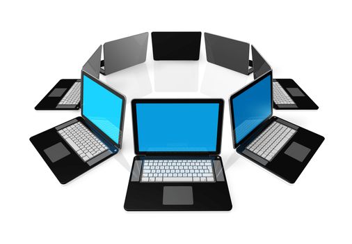 3D black laptop computers isolated on white