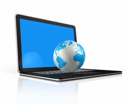 3D world globe, map on a laptop computer isolated on white with clipping path
