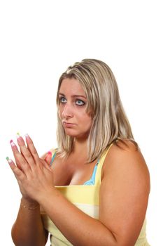 young woman prays  photo on the white background