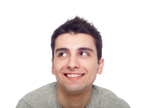 handsome casual man portrait looking up isolated on white background 