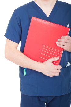 mid section of a male doctor holding folder isolated on white background