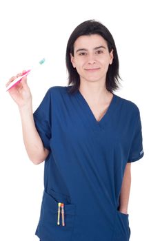 young female dentist holding toothbrush isolated on white background