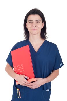 handsome female doctor holding folder isolated on white background