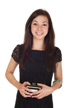 beautiful 18 years old young woman in black dress and purse ready for night out (isolated on white background)