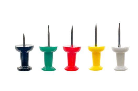 Five colored pins in a row, isolated on white background.