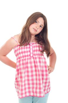 adorable little girl portrait posing in a pink top (isolated on white background) 