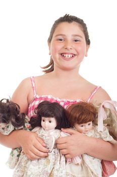 joyful little girl with her favorite dolls (isolated on white background) 