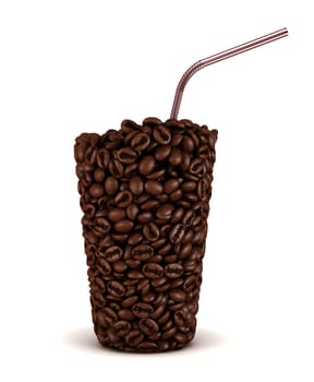 Glass shape made of coffee beans with straw over white background