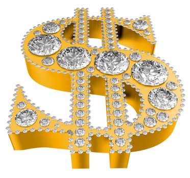 Golden 3D Dollar symbol incrusted with diamonds isolated over white. Extralarge resolution. Other gems are in my portfolio.