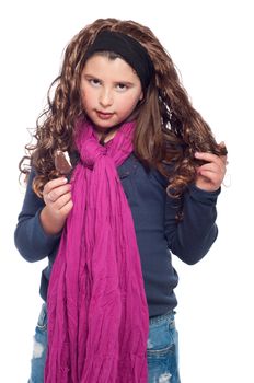 adorable little girl portrait dressed as teenager with long wig and glitter, eating an ice cream (isolated on white background)