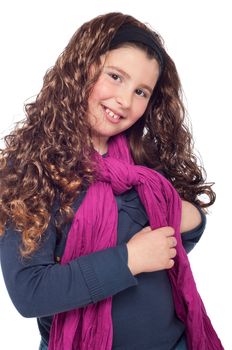 adorable little girl portrait posing dressed as teenager with long wig and glitter (isolated on white background)