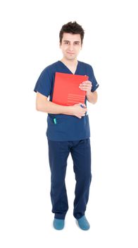 full length portrait of a handsome male doctor holding folder (isolated on white background)
