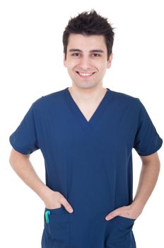 portrait of a smiling young doctor isolated on white background