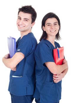 friendly team of doctors holding folders isolated on white background (back to back)