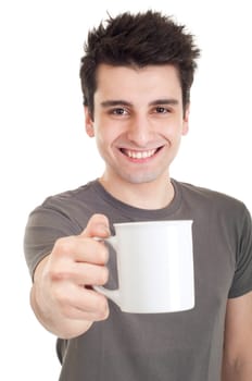 smiling casual man holding coffee/tea mug (isolated on white background)