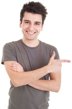 smiling casual man pointing right isolated on white background