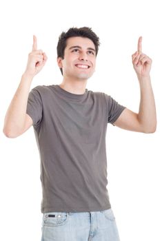 smiling casual man pointing up isolated on white background