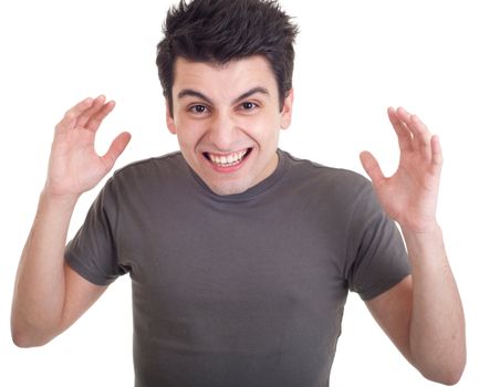 very angry casual man screaming and gesturing isolated on white background