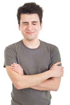 sad depressed young man crying, conceptual picture regarding emotional, financial or violence problems (isolated on white)