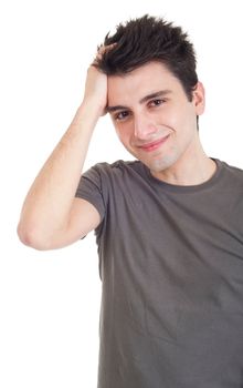 sad depressed young man crying, conceptual picture regarding emotional, financial or violence problems (isolated on white)