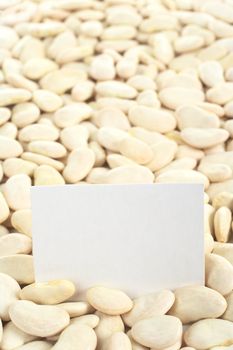 Dried raw butter bean or also called lima bean (lat. Phaseolus lunatus) with a blank card (Selective Focus, Focus on the card)