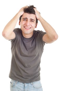 sad depressed young man crying, conceptual picture regarding emotional, financial or violence problems (isolated on white)