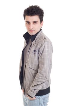 fashion portrait of a young handsome man with jacket (isolated on white background)