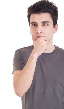 young casual man with a pensive expression isolated on white background