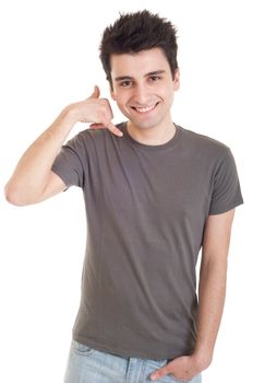 smiling casual man showing call me gesture isolated on white background