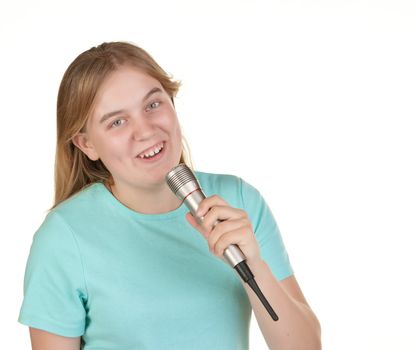 teenage girl singing karaoke isolated on white