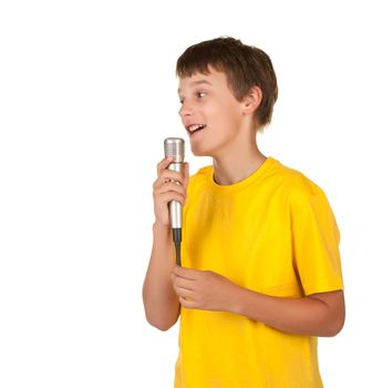 teenage oy delivering a speech isolated on white