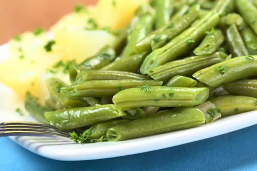 Cooked green beans with onion and parsley with cooked potato in the back and a fork on the plate (Selective Focus, Focus on the front of the beans and the fork)