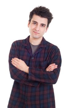 happy young man portrait in pajamas isolated on white background