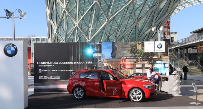 BMW exhibition stand entering EICMA 2011, International Motorcycle Exhibition in Milan, Italy