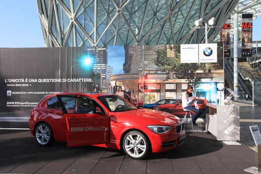 BMW exhibition stand entering EICMA 2011, International Motorcycle Exhibition in Milan, Italy