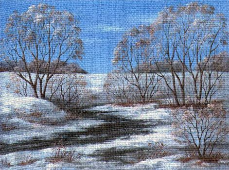 Landscape, winter river. Picture oil paints on a canvas