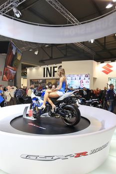 Visiting motorcycels stands during EICMA 2011, International Motorcycle Exhibition in Milan, Italy