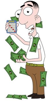 Isolated cartoon Bingo winner character with money and winning ticket