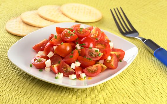 Cherry tomato wedges with cheese and chives prepared as salad with crackers in the back (Selective Focus, Focus on the front of the salad)