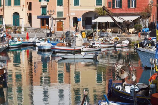 detail of the small port in Camogli with the characteristic fishing boats