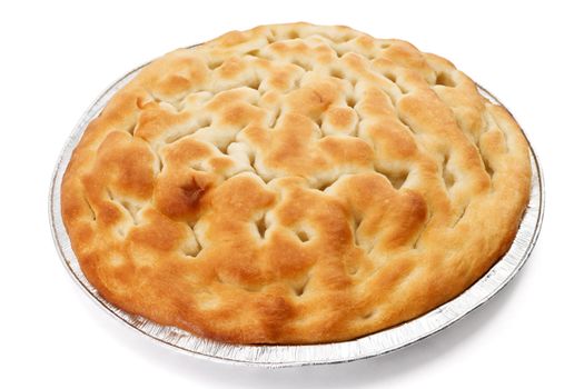 Typical salty italian bread called focaccia over white background