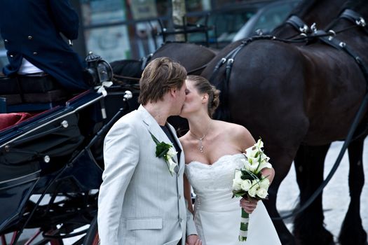 Bride and groom kissing standing in front of their coach
