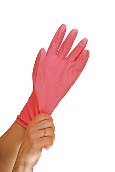 a womanish hand is in a pink glove