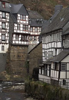 Remark for inspector: "Galthaus" is a generic word in German like "Hotel" (it is a kind of a hotel), it's not a brand name or a title.

Historic center of Monschau village (Germany) at the Rur river.