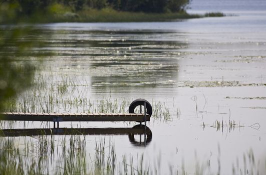 A dock and tire reflecting in the still waters of marshy margin where the St. Louis River feeds into Lake Superior