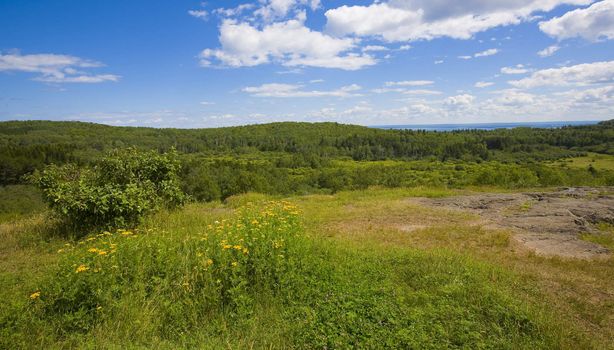 The vast forest landscape of the North woods of Minnesota overlooking Lake Superior in the distance.